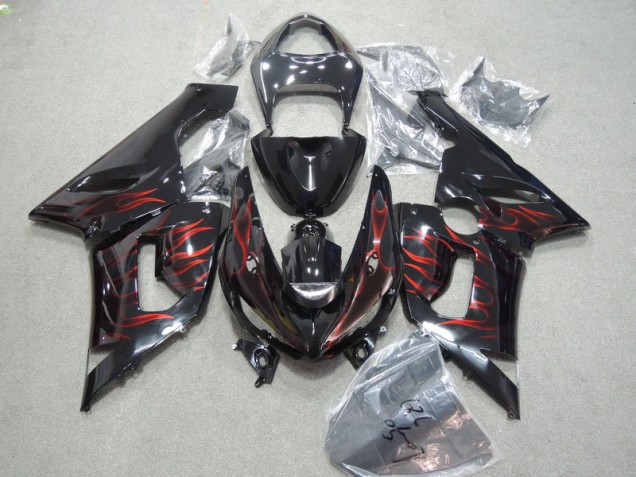 Carénages Moto Kawasaki ZX6R 2005-2006 - Noir Rouge Flamme