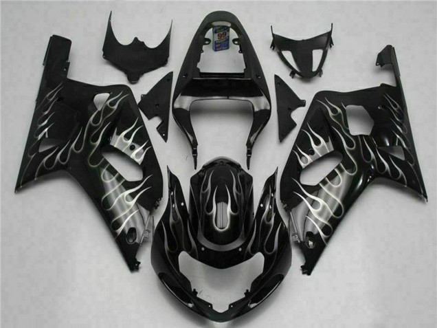 Carénages Moto Suzuki GSXR 600/750 2001-2003 - Noir Brillant Argent Flamme